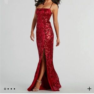 Windsor Marisol Lace-Up Column Sequin Satin Formal Prom Dress